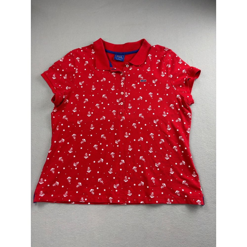 Le TIGRE Womens XL Red Anchor Stars Print Short Sleeve Polo Shirt Nautical